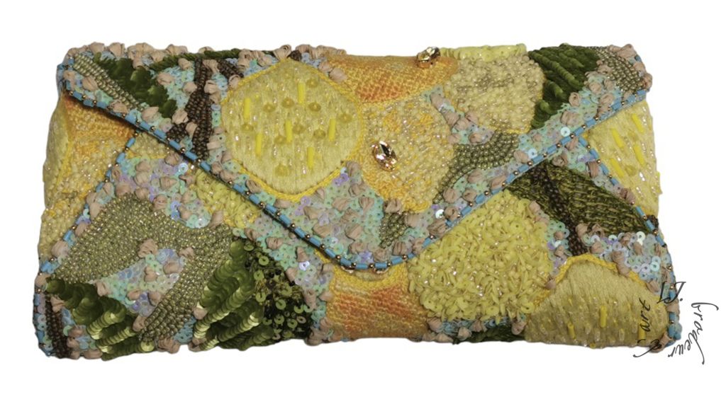 pochette Amalfi, proposée par J. Roméro, brodé par L. Jeanneau. (18 cm x 10 cm)